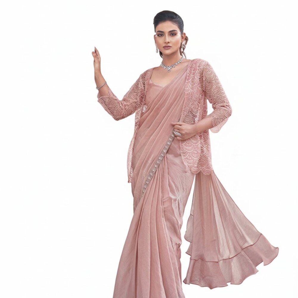 Exquisite Women's Embroidered Satin Silk Saree with Sheer Jacket - Pink